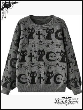 Goth Cartoon Pattern Sweater Long Sleeve Crewneck Pullover Top Loose Fit
